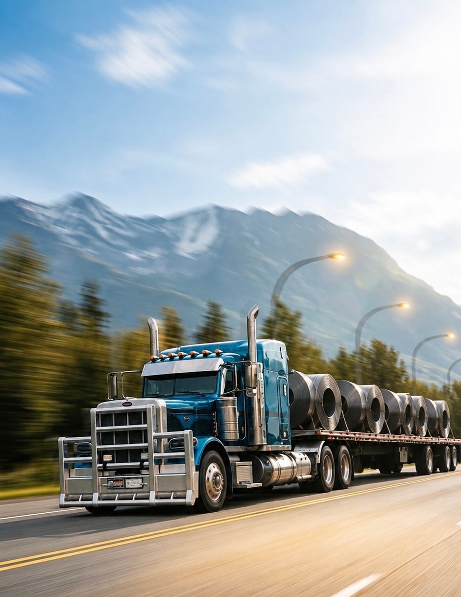 Flatdeck truck hauling cargo on highway